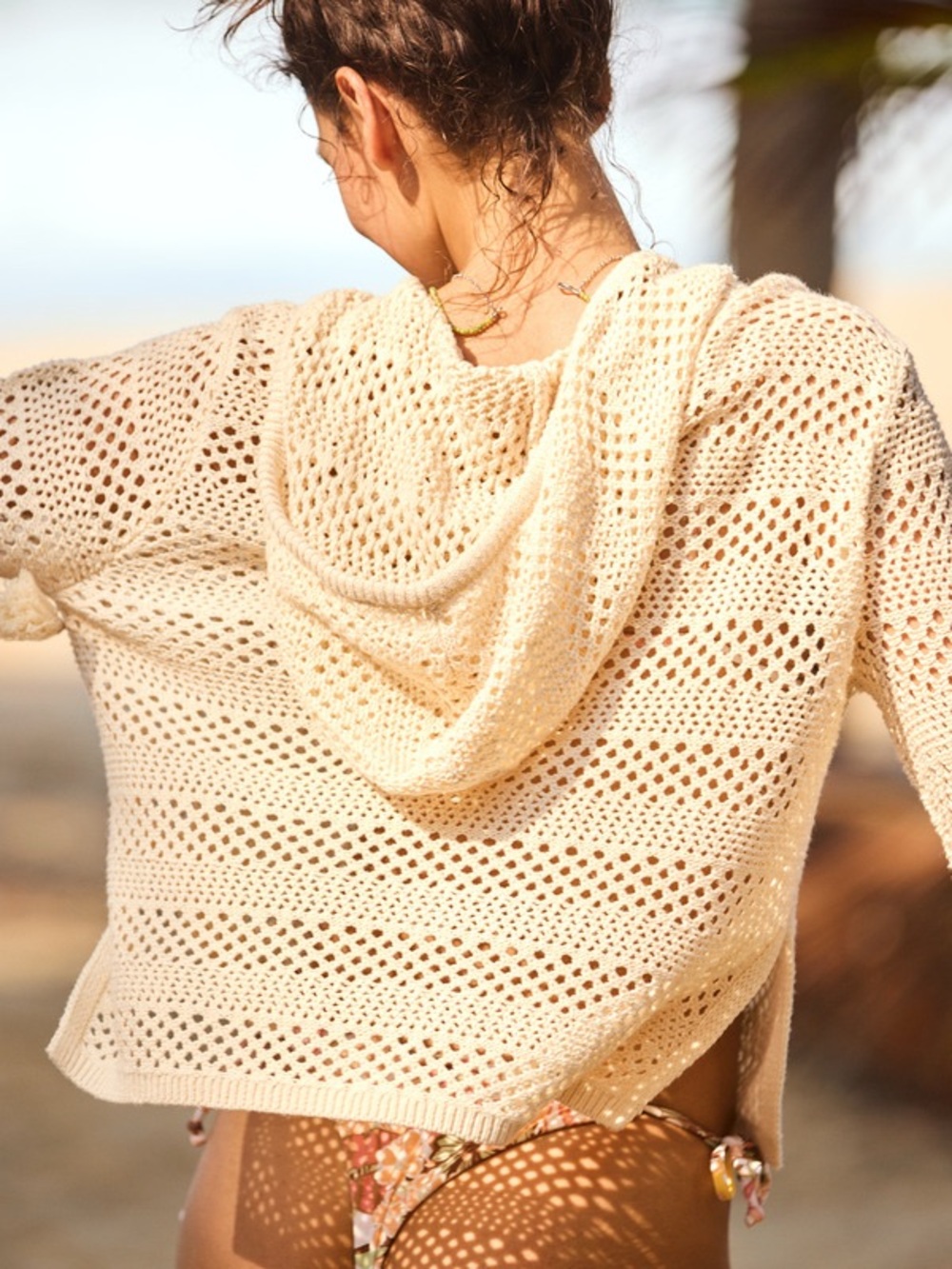 Roxy Beige Crochet Knit V-Neck Hoodie Sweater